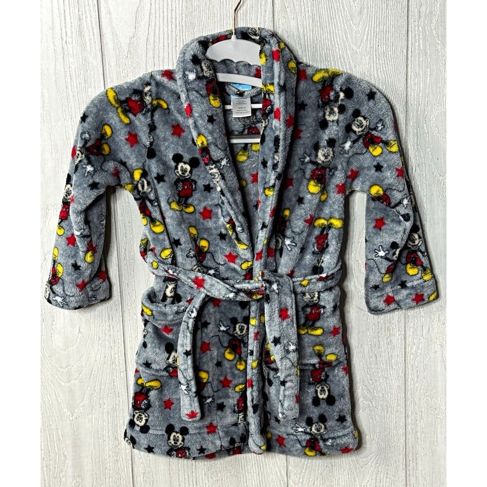 Disney Mickey Mouse Gray Fleece Hooded Robe Stars Belted Tie 4T